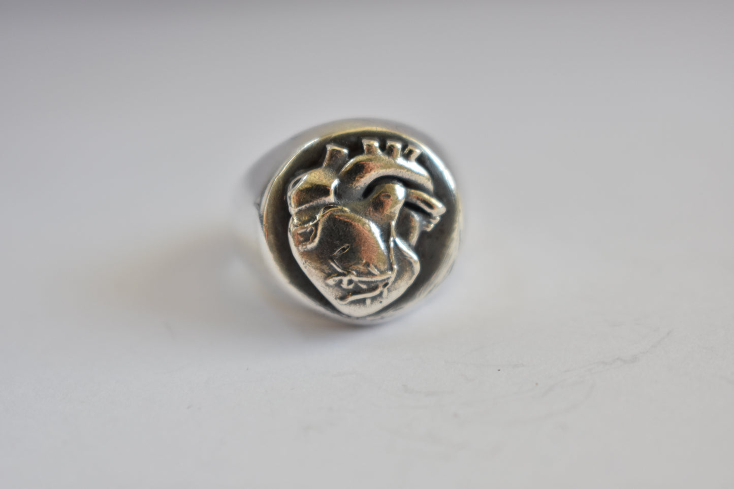 Sterling Silver Anatomical Heart Signet Ring- Round- Classic