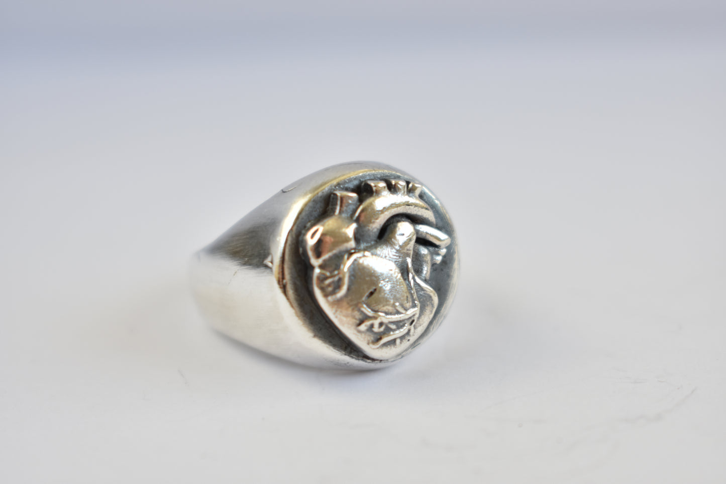Sterling Silver Anatomical Heart Signet Ring- Round- Classic